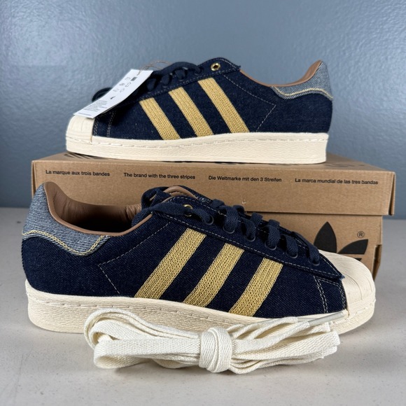 adidas Other - Adidas Superstar Denim‎ Navy Gold Indigo Shell Toe Sneakers GX6351 Size 8